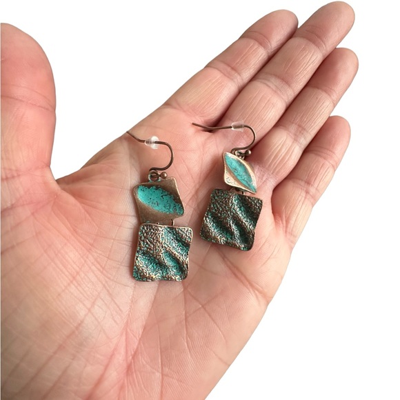 Bronze and Turquoise Square Drop Earrings - Picture 6 of 7